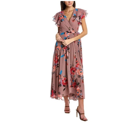 HUTCH Midi Ruffle Wrap Dress Women's Small (2-4) Wrap Tie Waist Floral guest - Picture 1 of 13